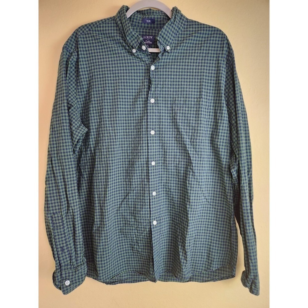 J.Crew Flex Washed Slim Fit Gingham Button Down Shirt Mens XL Green Navy Blue‎